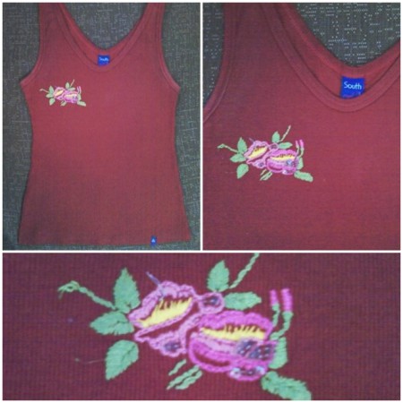 Blusa Flor: regata bordada à linha em ponto cheio, em tons rosa, amarelo e verde